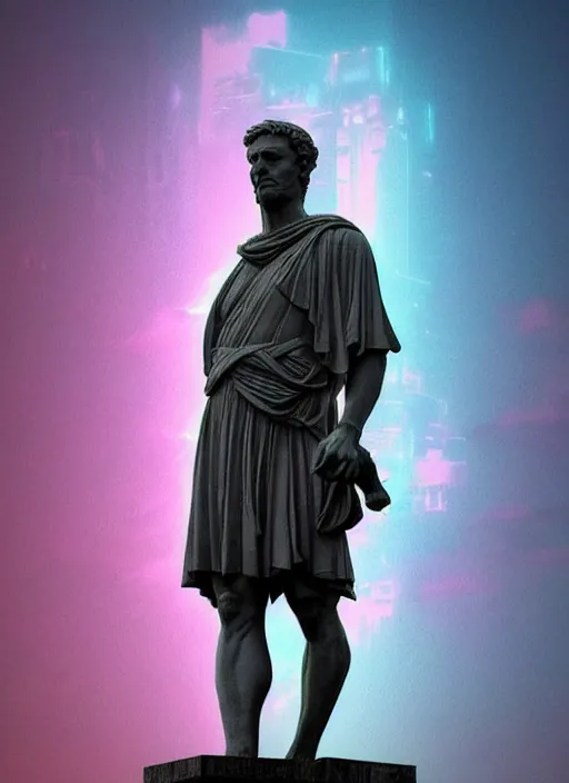 Image similar to statue of julius caesar looking angry, beeple, vaporwave, retrowave, black background, neon, black, glitch, strong contrast, neon wiring, cuts, pinterest, trending on artstation