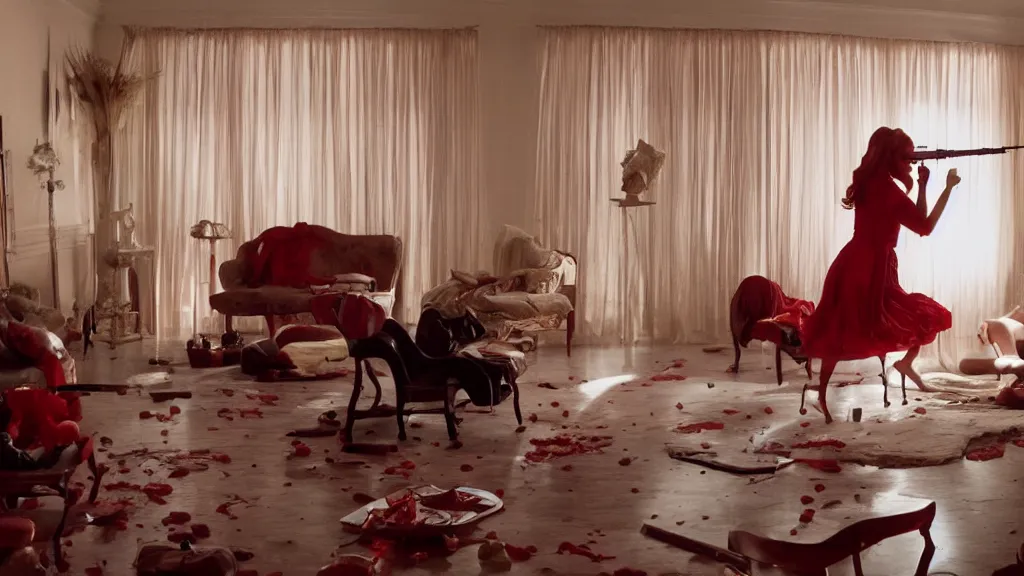Image similar to Cherry on Cherry violence in a living room, film still from the movie directed by Denis Villeneuve with art direction by Salvador Dalí, wide lens