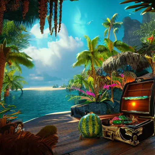 Image similar to a tropical island inside of a treasure chest with ornate details, glow, unreal engine, ultradetailed, trending on artstation, devianart, cgsociety, amazing details