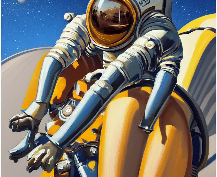 Image similar to a very detailed painting of a astronaut wearing a suit, riding a motorbike down a street, harley davidson motorbike, worm's - eye view, very fine brush strokes, very aesthetic, very futuristic, in the style of edward hopper and grant wood and syd mead, 4 k,