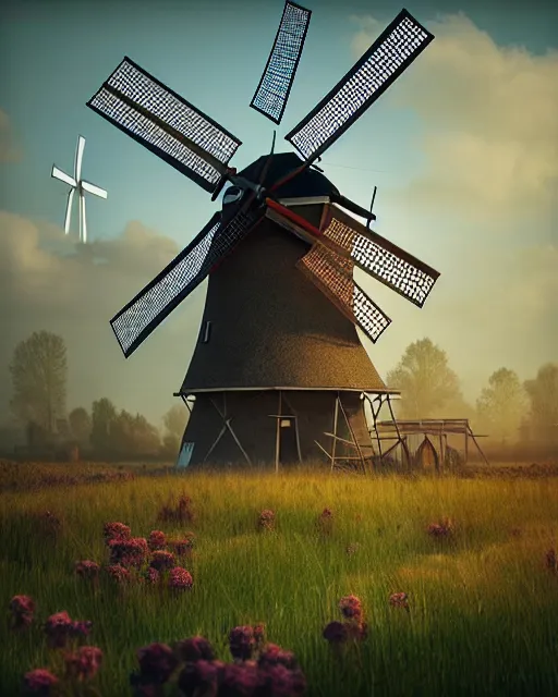 Prompt: hyper realistic, a large vintage painted artists backdrop of holland in the middle ages, with windmills, soft light, photo realistic, hyper detailed, 3 d sci fi render by beeple