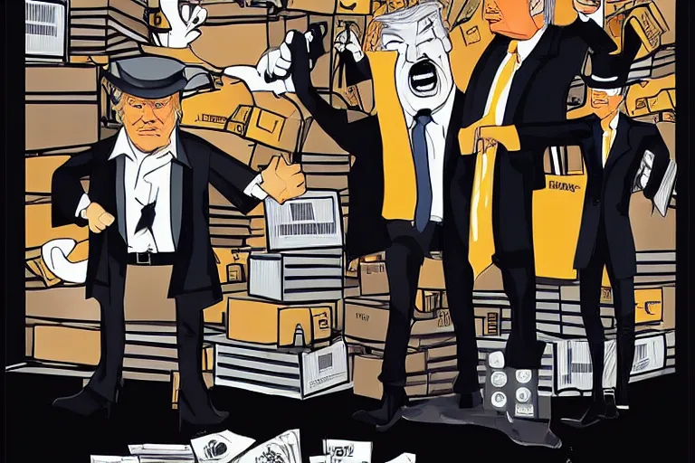 Image similar to 2 d poster illlustration donald trump and donald trump wearing trenchcoats and black spy hats and stacks of boxes for the movie spy vs spy