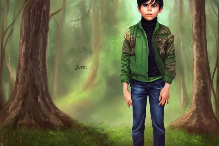 Image similar to a young boy with black hair and green eyes and a highway were standing in a forest by artgerm.