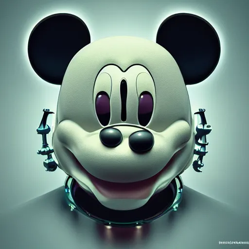 Prompt: mickey mouse head, fractal, broken, psychedelic, wet, mycelium, radiant alien, rococo, baroque, automotive, bio-mechanical, porcelain, iridescent, sub surface scattering, octane render