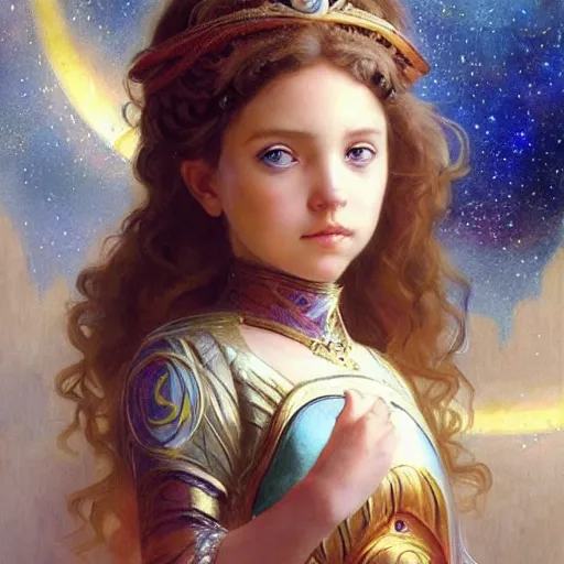 Image similar to a little girl with short wavy curly light brown hair and blue eyes, a space empress in byzantine style. beautiful highly detailed face, painting by artgerm and greg rutkowski and bouguereau.