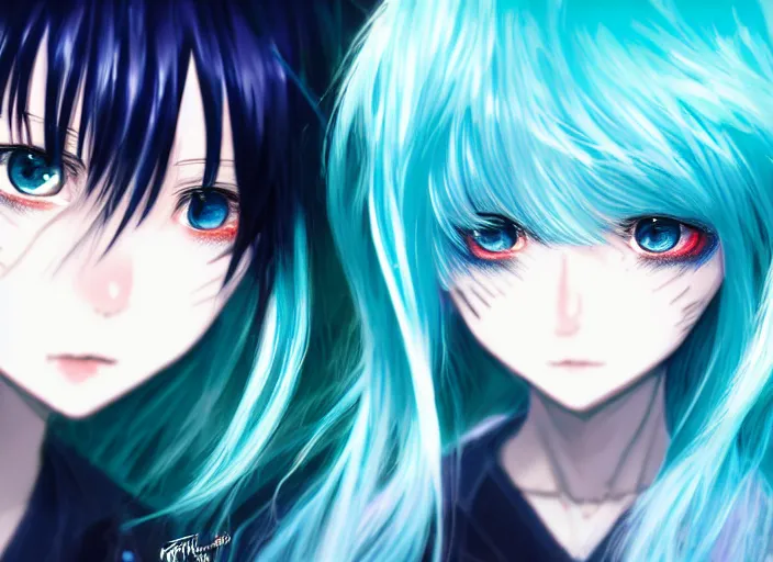 Image similar to rimuru tempest winking, sky blue straight hair, bangs, with amber eyes, gold eyes, wearing a black jacket, high collar, ultra detailed, concept art, award winning photography, digital painting, pretty, cinematic, wlop artstation, closeup, pixiv, popular, yoshitaka amano, andy warhol, ilya kuvshinov,