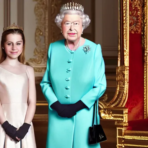 Image similar to A portrait photo of queen elizabeth teams up with a teenage queen elizabeth, perfect faces, 50 mm, award winning photography