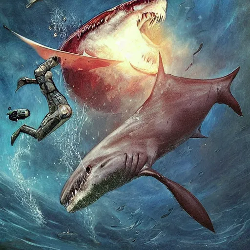 Prompt: dane cook fighting a shark in outer space, psychedelic ultra-detailed symmetrical focused ayahuasca art by artem demura