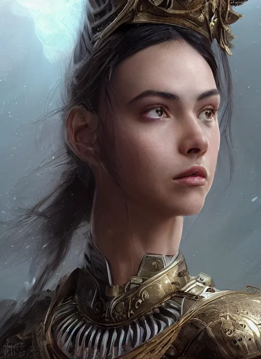 Image similar to a professional portrait of a beautiful young female, clothed in ethereal battle armor, olive skin, long dark hair, beautiful bone structure, symmetrical facial features, intricate, elegant, digital painting, concept art, smooth, sharp focus, finely detailed, illustration, from Valerian and the City of a Thousand Planets, in the style of Ruan Jia and Mandy Jurgens and Artgerm and Greg Rutkowski and William-Adolphe Bouguerea