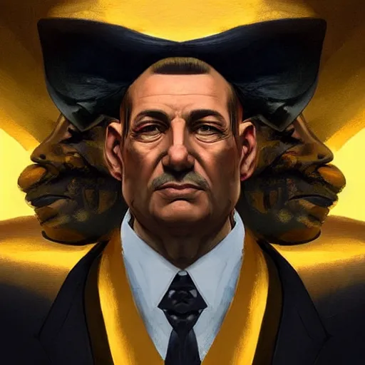 Image similar to “A portrait of a mafia boss in a golden suit, D&D sci-fi, artstation, concept art, highly detailed illustration.”