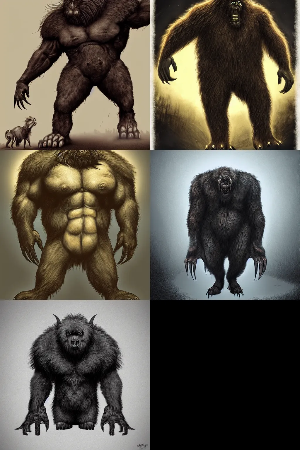 Prompt: monster, dark, big, beast, hairy, fur, tall, gargantuan, digital art