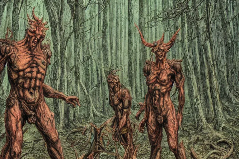 Image similar to multi headed demon in a forest in the style of wayne barlowe