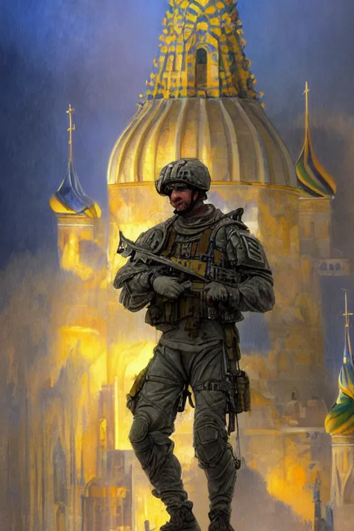 Image similar to special forces soldier raising ukrainian blue and yellow flag on st. basil cathedral, masculine figure, d & d, fantasy, bright atmosphere, volumetric lights, intricate, elegant, extremely detailed, digital painting, artstation, concept art, matte, smooth, sharp focus, hyper realistic, illustration, art by artgerm and greg rutkowski and alphonse mucha