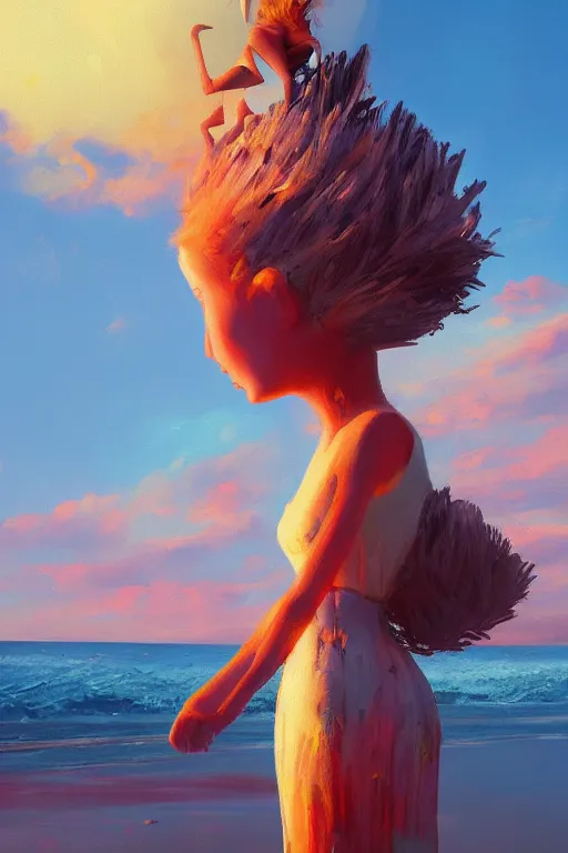 Image similar to closeup huge dahlia flower head, girl standing on beach, surreal photography, blue sky, sunrise, dramatic light, impressionist painting, digital painting, artstation, simon stalenhag