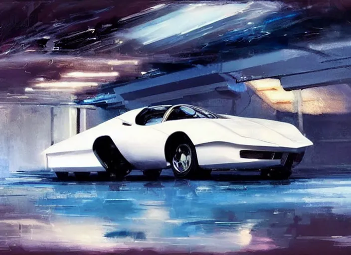 Image similar to luxurious white and royal blue sportscar by John Berkey and Vincent Di Fate, rule of thirds, concept car, beautiful, in intergalactic hq, ethereal lighting, smooth,