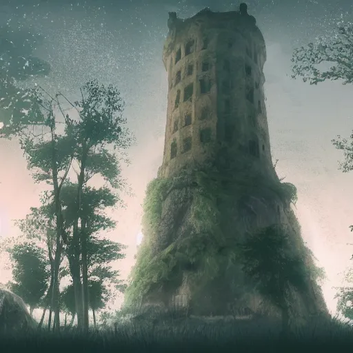 Image similar to wide angle shot of a ancient tower in a clearing of a fairytale forest at night under a starry sky, super moon, ethereal, pastel tones, mist and fog, concept art, blender render, highly detailed, 4 k, 8 k, artstation