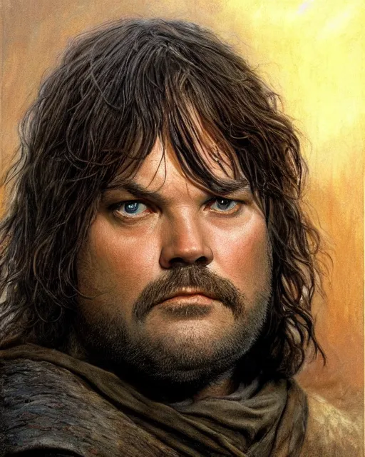 Image similar to jack black as Aragorn by Alan Lee, sunset, concept art, detailed clothing, art station, matte painting