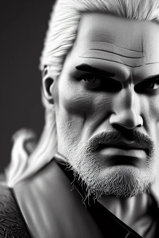 Image similar to portrait of geralt of rivia wearing an elegant tuxedo, 5 5 mm lens, professional photograph, black and white, elegant, serious, stern look