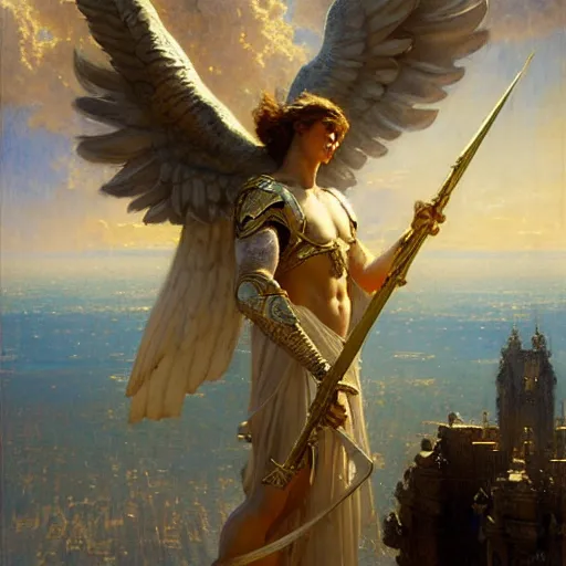 Image similar to saint michael the angel, guarding the world from evil. highly detailed painting by gaston bussiere, greg rutkowski 8 k