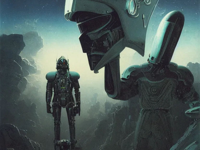 Image similar to a detailed profile painting of a bounty hunter in armour and visor, cinematic sci-fi poster. Spaceship high in the background. Flight suit, anatomy portrait symmetrical and science fiction theme with lightning, aurora lighting clouds and stars. Clean and minimal design by beksinski carl spitzweg h.r. giger and tuomas korpi. baroque elements. baroque element. intricate artwork by caravaggio. Oil painting. Trending on artstation. 8k