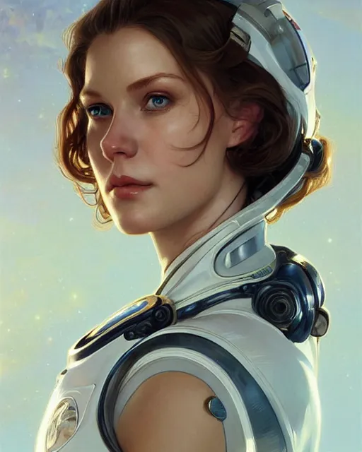 Image similar to portrait of renee boling, spacesuit, blue eyes, real life skin, intricate, elegant, highly detailed, artstation, concept art, smooth, sharp focus, art by artgerm and greg rutkowski and alphonse mucha