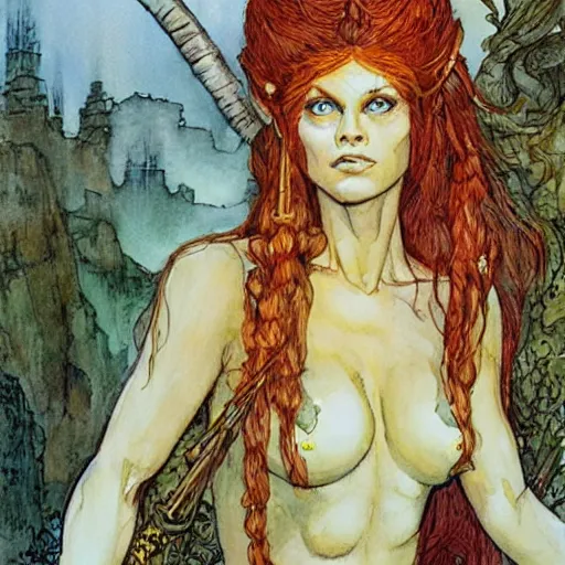 Image similar to a realistic and atmospheric watercolour fantasy character concept art portrait of brigitte bardot as a druidic warrior wizard looking at the camera with an intelligent gaze by rebecca guay, michael kaluta, charles vess and jean moebius giraud