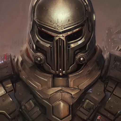 Image similar to the doomslayer as a realistic cyberpunk knight, closeup portrait art by donato giancola and greg rutkowski, realistic face, digital art, trending on artstation, symmetry!!, skull helmet