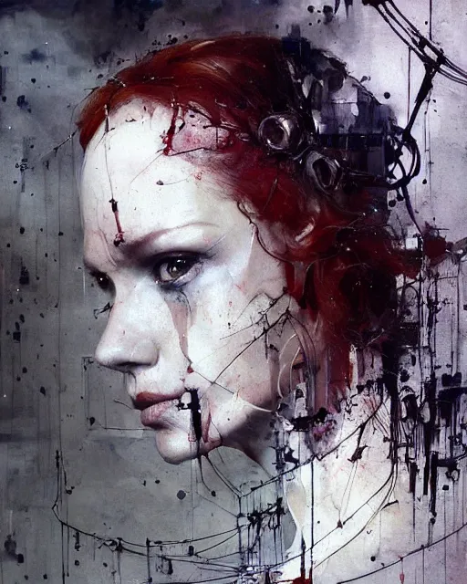 Image similar to beautiful redhead woman, wires, skulls!! machines ( by emil melmoth zdzislaw belsinki craig mullins yoji shinkawa ) realistic render ominous detailed photo atmospheric by jeremy mann francis bacon and agnes cecile ink drips paint smears!! digital glitches glitchart!!