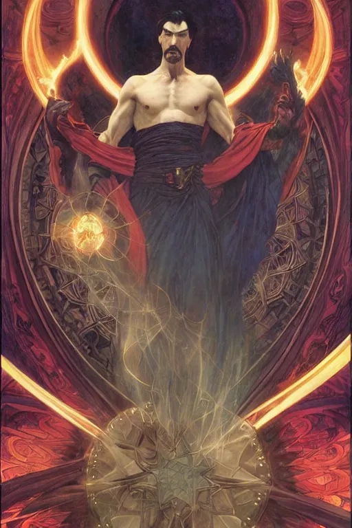 Prompt: Epic Dr. strange lit by dark evil magic portal, amazing colour harmony and variation, simple background, by Donato Giancola, William Bouguereau, John Williams Waterhouse and Alphonse Mucha