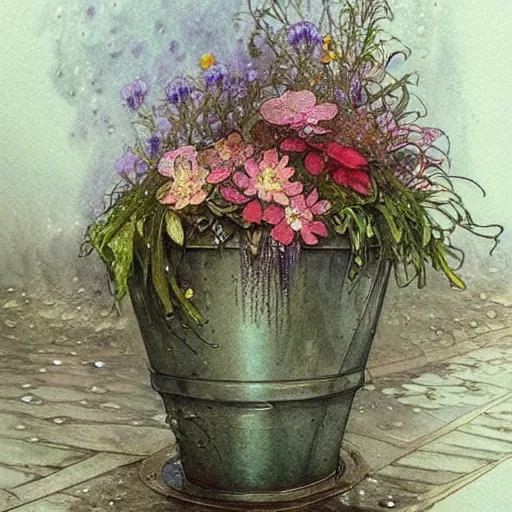 Prompt: a beautifull intricate watercolor painting of potted planter with flowers inside sitting on wet sidewalk, reflexions, raindrops, high details by william turner art, greg rutkowski and alphonse mucha, trending on artstation, very very detailed, masterpiece,