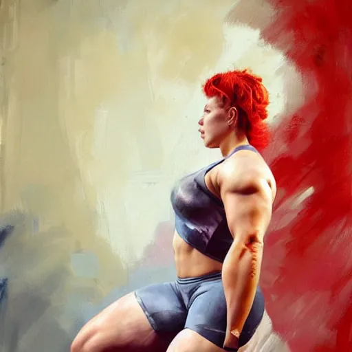 Image similar to greg manchess portrait of thick muscular weightlifter zarya from overwatch with ponytail and red hair played by scarlett johansson, medium shot, asymmetrical, profile picture, organic painting, sunny day, matte painting, bold shapes, hard edges, street art, trending on artstation, by huang guangjian and gil elvgren and sachin teng