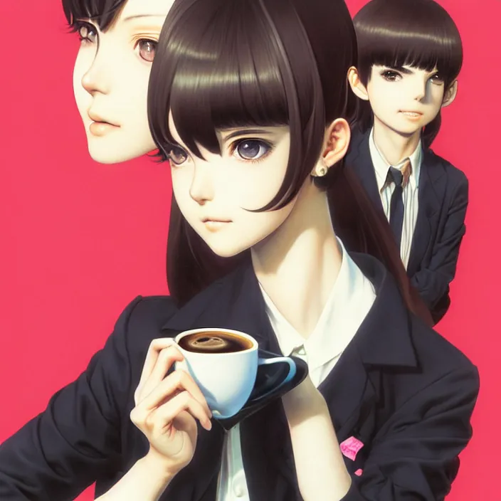 Image similar to portrait of a snobby young mexican socialite drinking an espresso, by range murata katsuhiro otomo, yoshitaka amano, nico tanigawa, and artgerm rendered with 3 d effect, sweet artpiece.