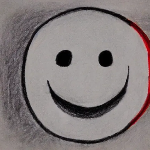 Image similar to primitive drawing of smiling circle face with red eyes thumb up. Сhild drawing picture