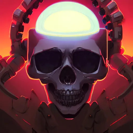 Image similar to a robot cybernetic skull face monster minimalist comics, behance hd by jesper ejsing, by rhads, makoto shinkai and lois van baarle, ilya kuvshinov, rossdraws global illumination ray tracing hdr radiating a glowing aura