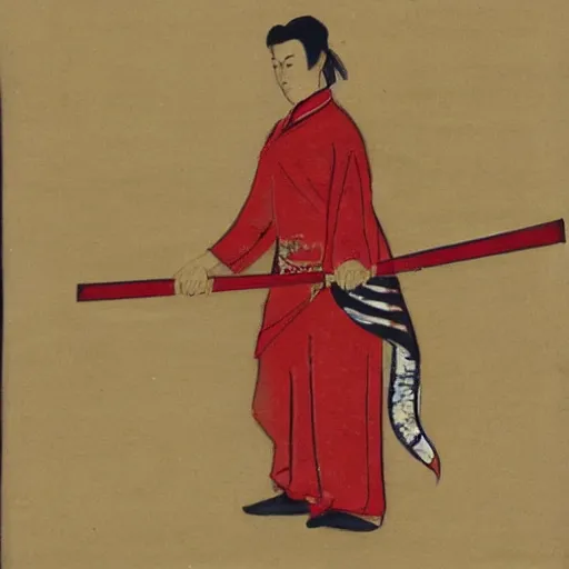 Image similar to man in red and white cloth holding a shing katana