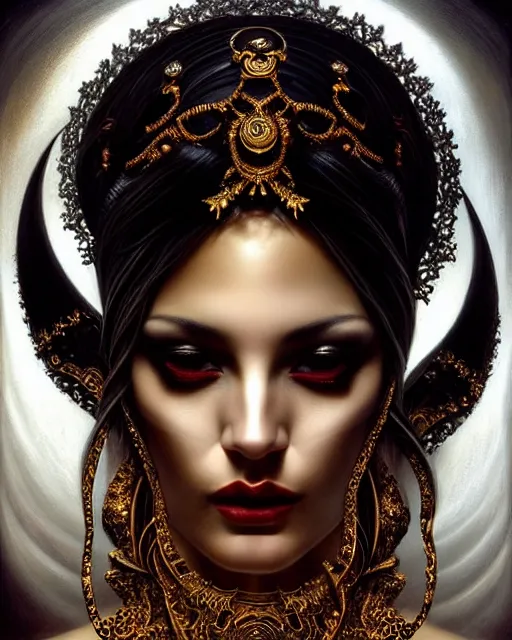 Prompt: portrait of a beautiful goddess, enigmatic beauty, dominant shades of black, gold silver, dark red, white, head in focus, fantasy art, ornamental aesthetics, intricate, elegant, highly detailed, hyperrealistic, fine art, artstation, concept art, painterly, sharp focus, hasselbrad photography, art by karol bak