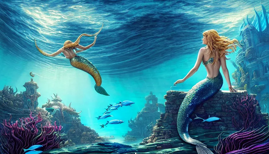 Prompt: a beautiful mermaid looking at the sunken city of Atlantis under water, rays of sunlight, stunning grand architecture, fish and sea creatures in background, art by Dan Mumford, 8k octane beautifully detailed render, post-processing, extremely hyperdetailed, intricate, epic composition, grim yet sparkling atmosphere, cinematic lighting + masterpiece, trending on artstation, very detailed, vibrant colors, Art Nouveau, volumetric god rays, deep underwater scene, sharp focus, smooth, dizzy, moody