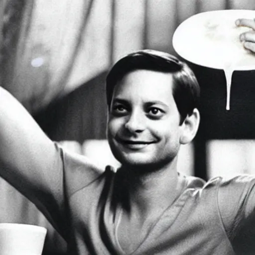 Prompt: “Tobey Maguire with a milk mustache posing with a cold glass of milk for a milk advertisement”