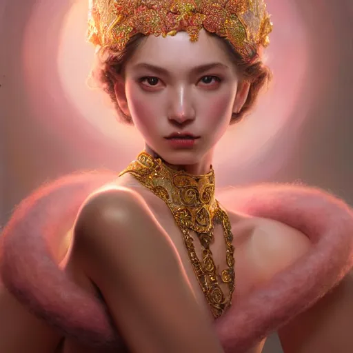 Prompt: expressive oil painting, of alluring european princess, seductive look, smooth glowing skin, glistening body, love, adoration, ornate headpiece made from wool, glamour shot, by yoshitaka amano, by greg rutkowski, by jeremyg lipkinng, by artgerm, digital art, octane render, white and pink robe