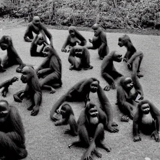 Prompt: a swat team consisting of orangutans listening a briefing from their gorilla leader, award winning vintage 1 9 9 0 photo