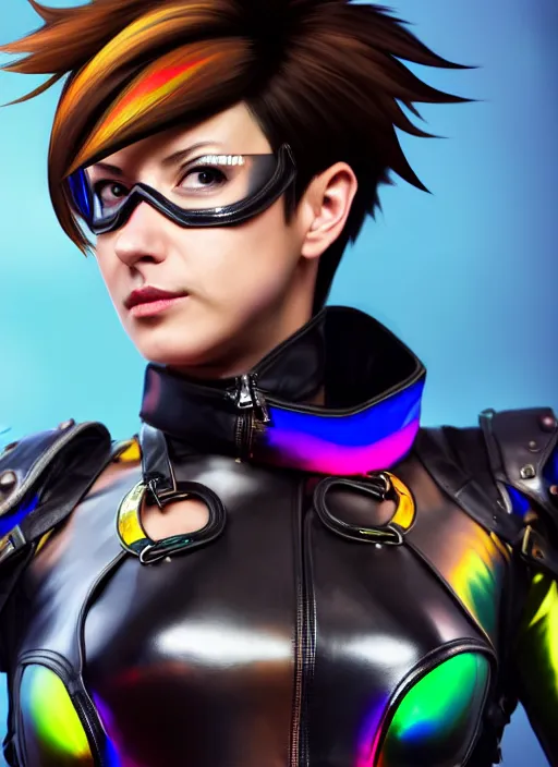 Image similar to hyperrealistic style portrait of tracer overwatch, confident pose, wearing black iridescent rainbow latex, 4 k, expressive happy smug expression, makeup, in style of mark arian, wearing detailed black leather collar, wearing sleek armor, black leather harness, expressive detailed face and eyes,