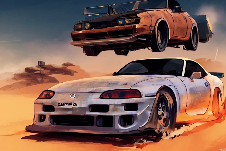 Image similar to digital illustration of mad max's toyota supra pursuit special, by makoto shinkai, ilya kuvshinov, lois van baarle, rossdraws, basquiat