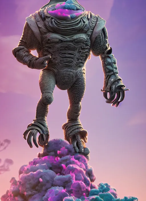 Image similar to Krang standing with black jar, enchanted, magical, cotton candy trees, cinematic shot, intricate, ornate, photorealistic, ultra detailed, realistic, 100mm, photography, octane, high definition, depth of field, bokeh, 8k, behance, artstation