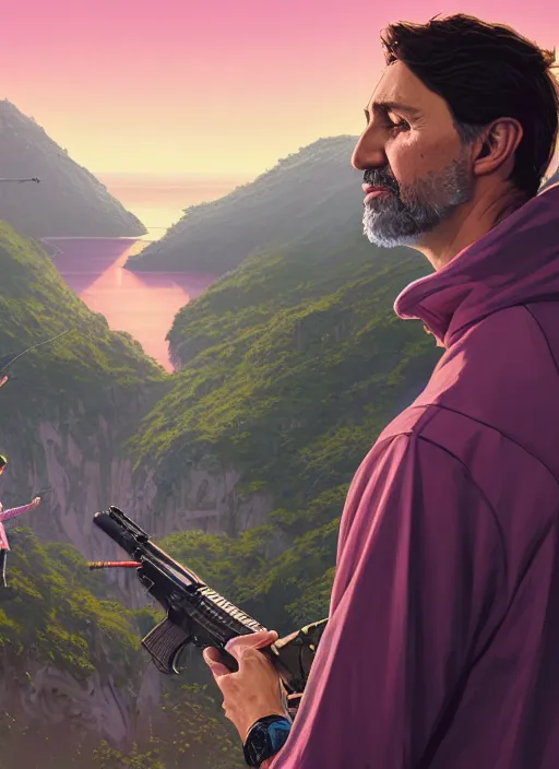 Image similar to highly detailed portrait justin trudeau in ( ( pink hoody ) ) holding ar - 1 5! ( setting costa rica ) in gta v stephen bliss unreal engine fantasy art by greg rutkowski loish rhads ferdinand knab makoto shinkai lois van baarle ilya kuvshinov rossdraws tom bagshaw global illumination radiant light detailed intricate environment