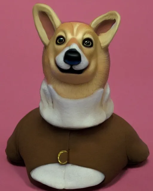 Image similar to hyperreal derailed maquette of a corgi dog as donald trump, donald trump ’ s head on the neck of a corgi dog body, creature design by rick baker, jordu schell style, studio lighting