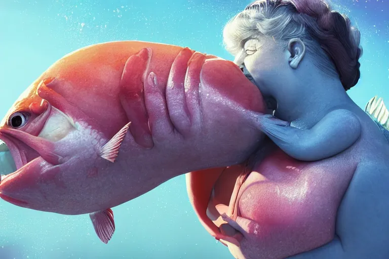 Image similar to of a very beautiful scene. ambient occlusion render. a sweet fat old woman is giving a birth to a huge colorful fish. hyper realistic. 4 k. wide angle. wild happiness. symmetrical face, red mouth, blue eyes. deep focus, lovely scene. ambient occlusion render. concept art. artstation. unreal engine.