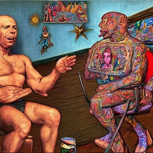 Prompt: Joe Rogan interviewing a psychedelic-DMT, surrealist clock-work Elf, famous painting by R. Crumb and Walt Disney