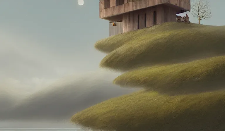 Prompt: A serene landscape with a singular building in the style of happy and joyful matte painting