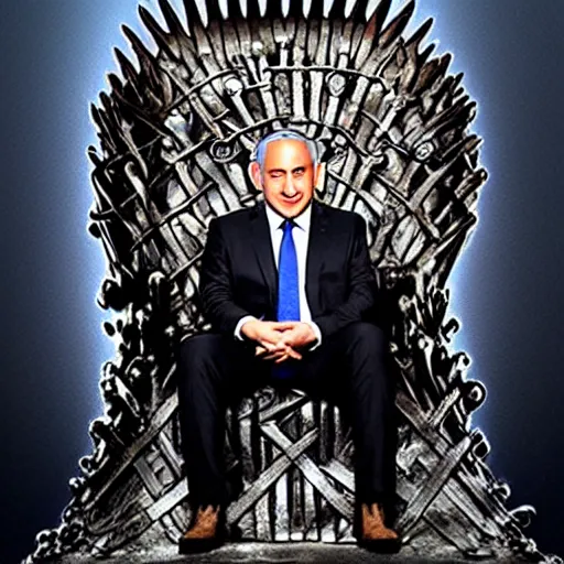 Prompt: “Benjamin Netanyahu sitting on the iron throne, 4k, award winning, Digital art, scene from game of thrones”