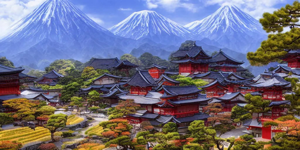 Image similar to japanese countryside with mountains and old buildings, fantasy style, ghibili, whimsical, 4 k